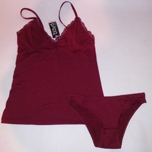 Bay 6 Set Camisole & Panty Small Burgundy Red Solid Lace Trim Sleepwear New‎